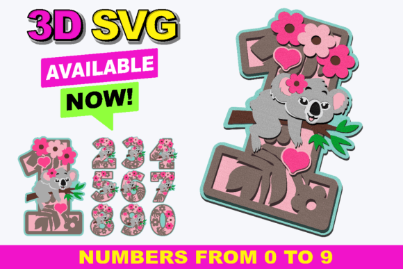 Baby Koala Numbers 3D SVG: A Playful Graphic Design Asset for Crafts and Branding