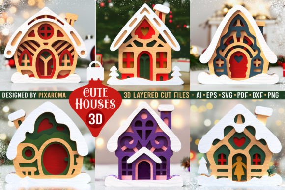 Cute Houses Bundle 3D SVG for Laser Cutting in Winter Amp Projects